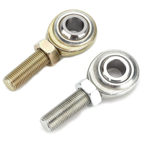 Beefy Stainless Steel Rod Ends And Heim Joints Pair Featuring Half Inch Bore And Adjusted Male Threads designed for car or ATV steering.