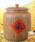 Heavy Duty Ceramic Grain Dispenser Jar With Secure Locking Lid, massive airtight bulk food canister against a wheat background.