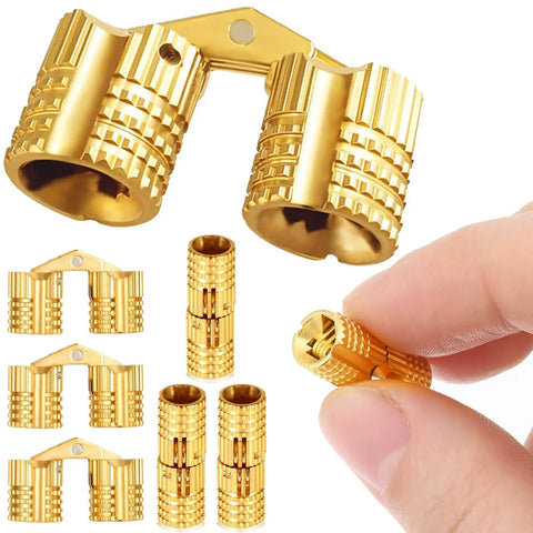 Close-up of Hidden Barrel Hinge Kit 8mm Brass With Drill Bit And Depth Stop Collar for wooden boxes and crafts.