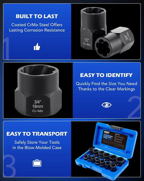 Impact Nut And Bolt Extraction Tool Set For Rusted And Stripped Fasteners, 13 SAE And Metric Sizes, shown with durable case