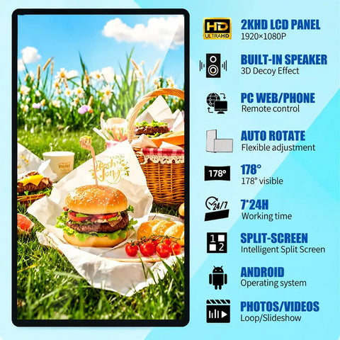 Slick 27 Inch Digital Kiosk And Real Deal Advertising Media Player Offering Cloud Managed Business Signage For Retail Stores with food display.