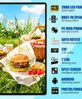 Sleek Wall Mounted Digital Signage Display With Smart Split Screen Controls And Punchy 1080p Hd Imagery Made For Retail Stores Lobbies Or Gyms Ready To Amp Up Your Space showing picnic food setup with a burger, salad, and drinks.