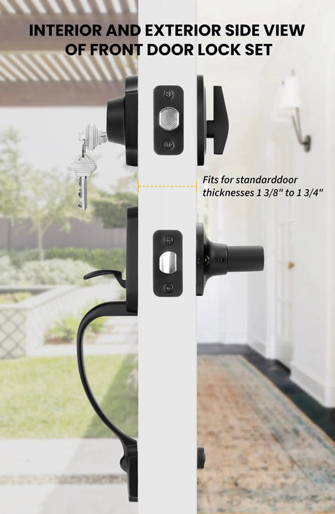 Matte Black Front Door Handle Set With Reversible Knob Classic Single Cylinder Front Door Lock Side View