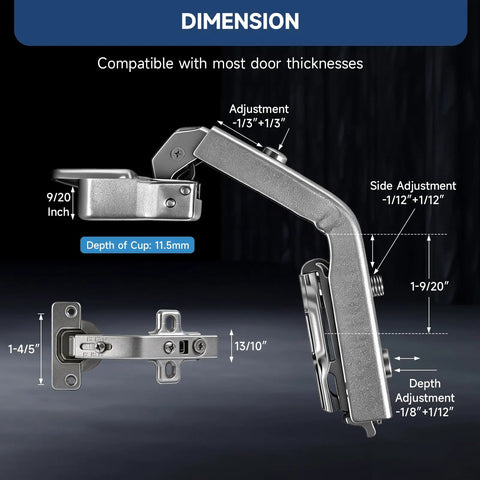 Kickass Corner Cabinet Hinges 2 Pack For Lazy Susan Setups showing dimensions and adjustments for bi fold doors.