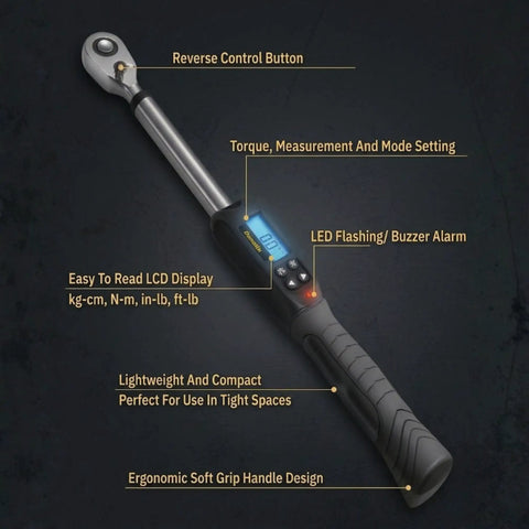Half Inch Drive Digital Torque Wrench With Buzzer And LED Flash Notification Adjustable From 14.8 To 147.5 Foot Pounds