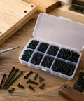 Top Shelf Black Phillips Self Tapping Screws 800 Piece Assortment Kit displayed in plastic box with assorted sizes for electronics projects.