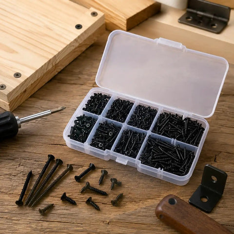 Top Shelf Black Phillips Self Tapping Screws 800 Piece Assortment Kit displayed in plastic box with assorted sizes for electronics projects.