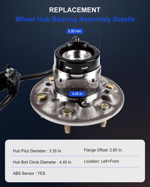 Front Left Wheel Hub And Bearing Assembly 515106 with ABS, dimensions shown, compatible with 2004-2008 GM and Isuzu models.
