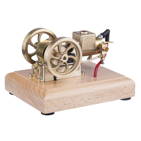 Dope Little 1.6cc Metal Adjustable Speed Micro Horizontal Water Cooled 4-Stroke Gasoline Engine With Wooden Base for STEM Education and Science Demos Today brass model on wood base