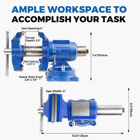 Heavy Duty Bench Vise With 360 Degree Swivel Base And Anvil, 4 Inch Jaw, 5,500 Lbf Clamp, Industrial Strength Ductile Iron, Floating Body