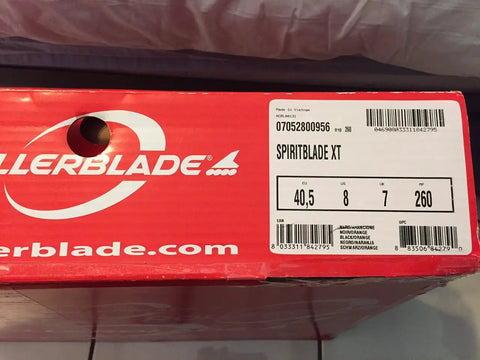 Red box showing Spirit Blade Xt Inline Skates size 8, with product codes and Rollerblade logo visible