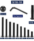 20 Piece Pack 5/16 X 5/8 Inch Button Head Socket Cap Bolts In 304 Stainless Steel 18 8 With Hex Key Included Black Oxide Finish Heavy Duty fasteners showing various sizes and a hex spanner.