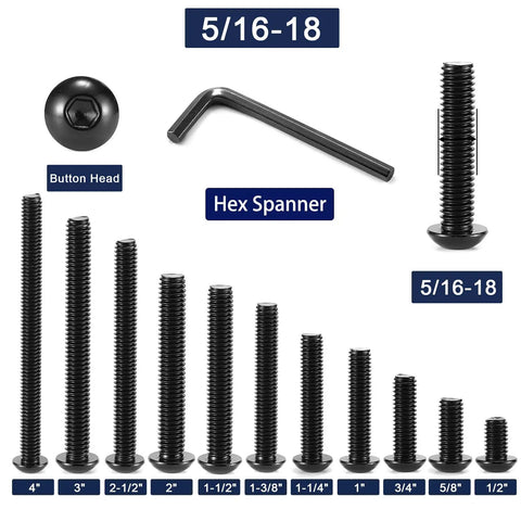 20 Piece Pack 5/16 X 5/8 Inch Button Head Socket Cap Bolts In 304 Stainless Steel 18 8 With Hex Key Included Black Oxide Finish Heavy Duty fasteners showing various sizes and a hex spanner.