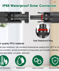 Heavy Gauge 10AWG Solar Cable Extension Cord 15Ft PV Wire With Flame Retardant Protective Sleeving Waterproof Male and Female Connectors for RVs Solar Panels Photovoltaic Systems showing IP68 connectors and features.