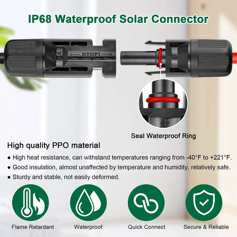 Heavy Gauge 10AWG Solar Cable Extension Cord 15Ft PV Wire With Flame Retardant Protective Sleeving Waterproof Male and Female Connectors for RVs Solar Panels Photovoltaic Systems showing IP68 connectors and features.