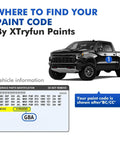 Diagram showing where to find paint code on a Chevy vehicle by XTryfun Paints, featuring a Chevy truck illustration with highlighted components.
