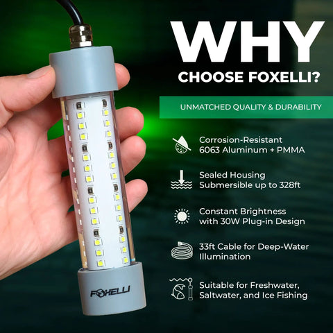Green Underwater Fishing Light For Night Angling, Submersible IP68 LED Glow 3900 Lumens with hand holding the light