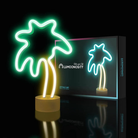 Palm Tree Neon Light With Stand For Bedroom And Game Room In Green And Yellow Colors Battery Or USB Powered Coconut Trees Sign