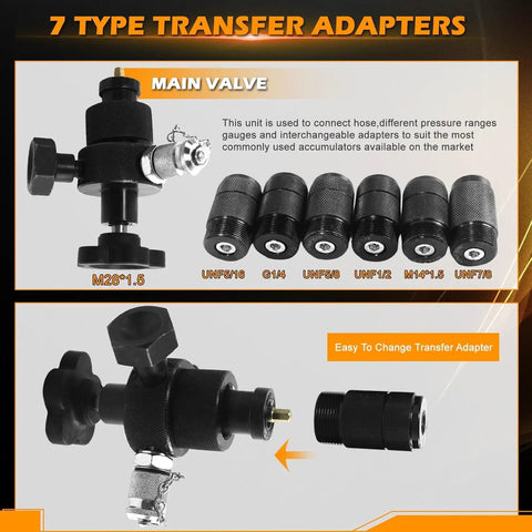 Pro Grade Nitrogen Accumulator Charging Kit For Hydraulic Systems With Pressure Test Tool, Three Gauges 1500 4500 6000 Psi, Seven Adapters, Gas Hose And Main Valve Body, Excavator Gas Filling Tool