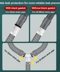Heavy Duty Universal Drain Hose Fitting Tee With Three Secure Clamps For Washing Machine And Dishwasher Connect showing leak protection for different drain pipe sizes.