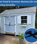 5 Inch T Hinges Heavy Duty 4 Pack Extra Thick 2mm Leaf Black Rust Resistant T Strap Gate Hinges on light blue shed door