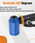 Close-up of Heavy Duty Hydraulic Knockout Punch Kit blue die with 360-degree swivel feature and specifications.