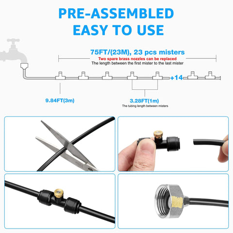 Beat The Heat Outdoor Misting System Kit 75 Ft Misting Line With 23 Nozzles And Three Quarter Inch Brass Adapter diagram