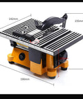 Compact Desktop Table Saw With Diamond And Manganese Blades For Slick Wood Or Metal Cuts Up To Half Inch Deep Benchtop Rig dimensions and features