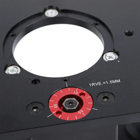 Pro Grade Manual Router Lift Stand For 3.5 Inch Motors Built Like A Tank with height adjustment dial and mounting holes.