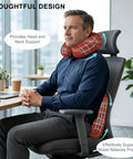 Man using U Shape Memory Foam Travel Pillow with Red Wood Grain Finish at office for ergonomic neck and back support.
