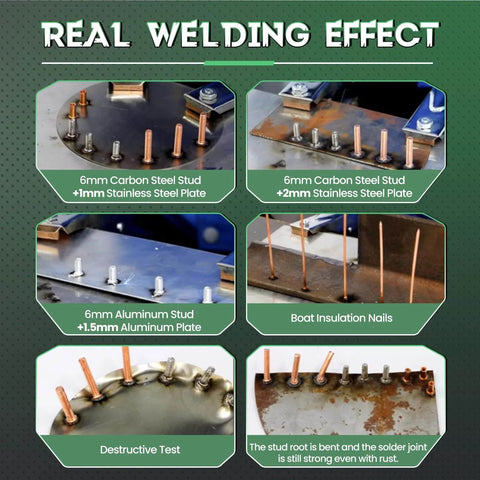 Capacitor Discharge Stud Welder For M3 To M10 Bolts Plate Welding Machine showcasing welds on various metals and insulation nails.