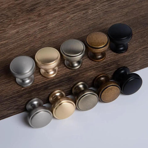 Round Knobs 1 Inch Solid Zinc Alloy Antique Brass Cabinet Handles, 4 Pack, Vintage Kitchen Bath Drawer Pulls in various colors.
