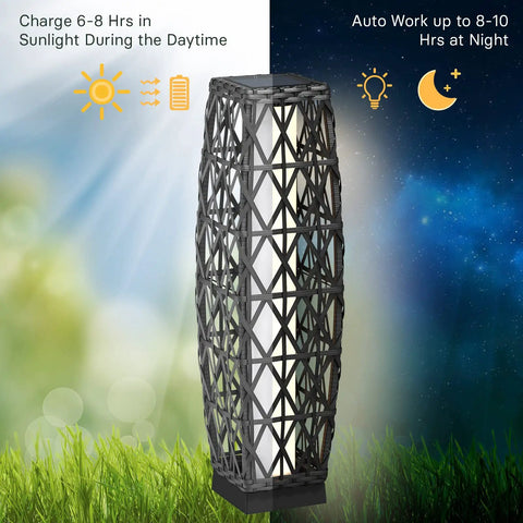 Outdoor Solar Powered Wicker Floor Lamp for Patio and Garden, Weather Resistant Deck Light in Silver Gray, Auto On at Dusk and Off at Sunrise, 8 to 10 Hours Run Time, No Wiring Needed, Easy Setup, Cozy Backyard Ambience