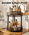 Two Pack Two Tier Lazy Susan Organizer Smooth Rotating Metal Turntable Total Win For Kitchen Pantry Spice Rack Bathroom Vanity And Deep Cabinet Storage with bottles on black metal carousel.