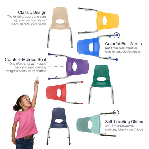 Assorted kid-friendly school chairs with chromed legs and non-marring glides, showing different colors and designs.