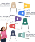 Durable Ten Inch School Stack Chairs Set Of Two For Kids With Chrome Steel Legs And Self Leveling Swivel Glides Great For Preschool Classrooms Or Homeschool Sand Finish displayed in various colors with labels for features.