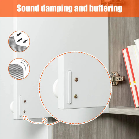 Heavy Duty Silicone Cabinet Door Bumpers, Ultra Grippy Self Adhesive Anticollision Tape, Pro Level Noise Dampening Pads For Kitchen Cabinets And Wood Furniture, Straight Up A Game Changer on white cabinet door showing sound damping feature.