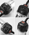 Genmitsu 710W CNC compact router collage: front control panel, side motor, and 1/8-inch ER11 collet close-up.