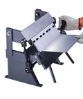 Person using a 12 Inch Sheet Metal Bender For DIY Projects, 20 Gauge Mild Steel Capacity, 0 To 135 Degree Adjustable Box And Pan Brake, Rock Solid Aluminum Metal Bender with 5 Fingers for precise bending.