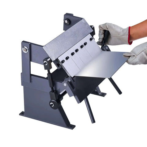 Person using a 12 Inch Sheet Metal Bender For DIY Projects, 20 Gauge Mild Steel Capacity, 0 To 135 Degree Adjustable Box And Pan Brake, Rock Solid Aluminum Metal Bender with 5 Fingers for precise bending.