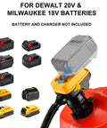 Hassle Free Cordless Fuel Transfer Pump Compatible With DeWalt And Milwaukee Batteries showing battery connection for easy use.