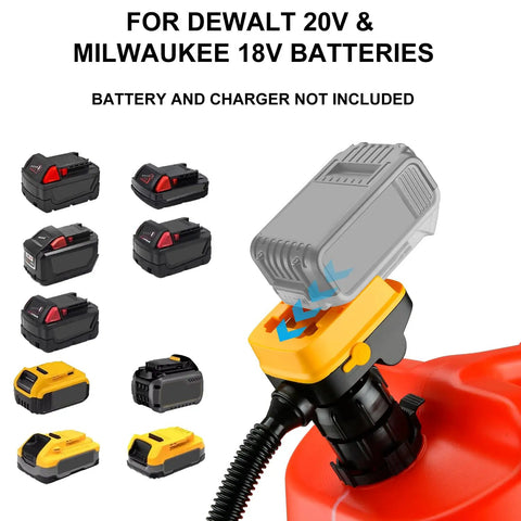 Hassle Free Cordless Fuel Transfer Pump Compatible With DeWalt And Milwaukee Batteries showing battery connection for easy use.