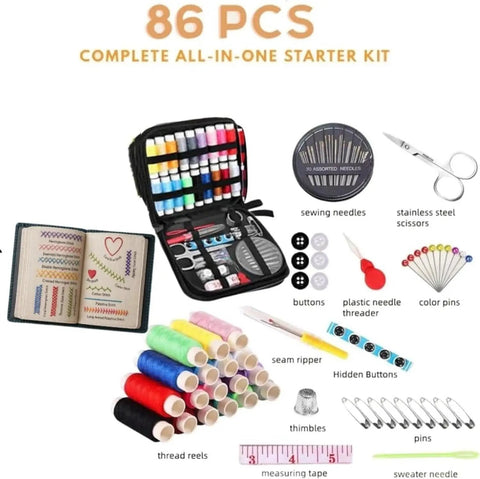 Upgraded 2026 Embroidery Stitch Book Kit With 86 Piece Starter Set And 106 Patterns Tools And Tutorials Portable All In One Hand Embroidery Guide For Adults And Diy Craft Lovers including sewing needles, colorful threads, and embroidery tools.