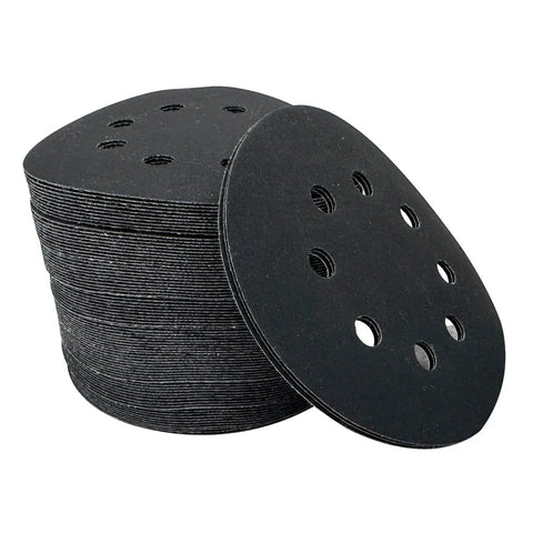 Kickstart Your Woodworking Projects With These Badass 5 Inch Silicon Carbide Sanding Discs featuring 8 quick hook loop holes stacked for easy access.