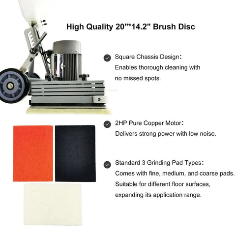 Industrial Floor Scrubber Grinding Machine With 3.43 Gal Capacity, 2834 RPM Polisher With 1500W Pure Copper Motor, 20x14.2 In Brush Disk, side view of machine with square chassis and grinding pads.