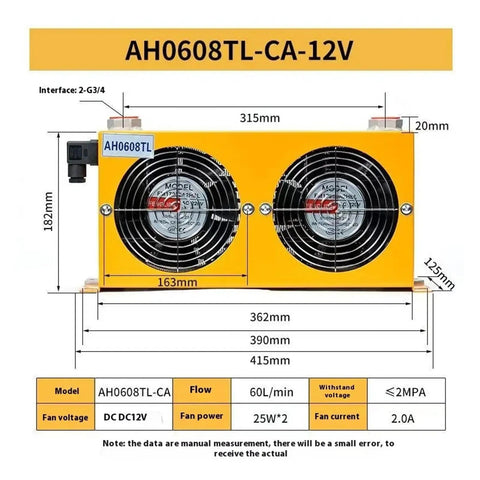 Dual Air Cooler Fans AH0608TL Industrial Oil Cooler For CNC Machines, 60 L/min Flow, 2.4 kW Cooling Capacity, Hydraulic Oil Cooler, Heat Exchanger System, DC12V Power, Wide Industrial Application