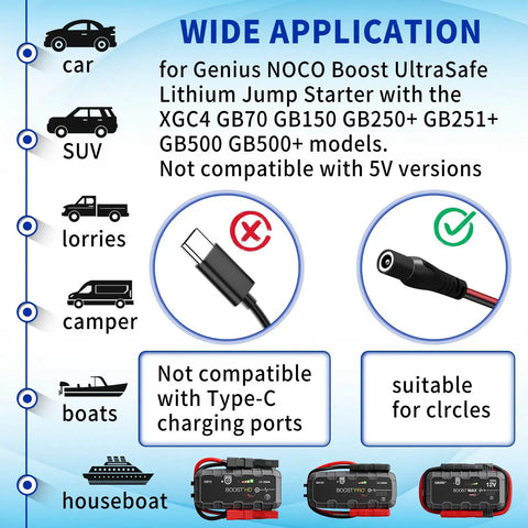 Wide application infographic for Straight Up Heavy Duty Fast Charge Adapter Plug And Play Power Cable for NoCo Boost models.