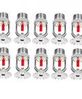 Top Tier Ten Pack Pendent Fire Sprinkler Heads With A 155 Degree Fahrenheit Red Glass Bulb And One Half Inch Npt Pipe Thread.