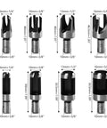 Premium Eight Piece Wood Plug Cutter Drill Bit Set includes various sizes for furniture and DIY work, showcasing steel boring tools.
