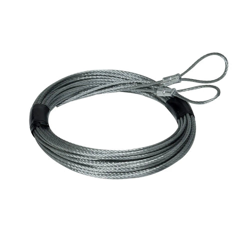 Coiled silver Safety Cable Kit For Extension Springs With Two 10 Foot Cables Loop End Two Eye Bolts And Two Cable Clamps